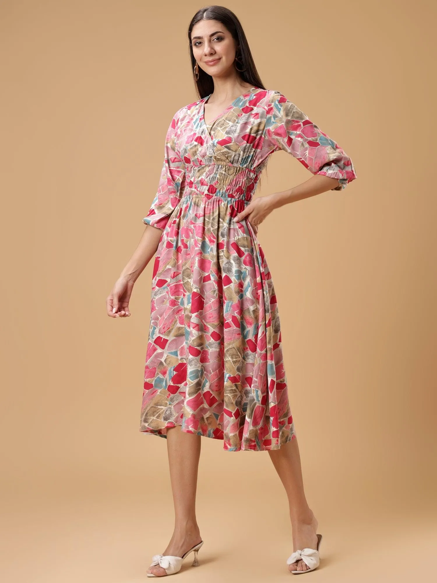 Womens Printed Fit & Flare Midi Dress