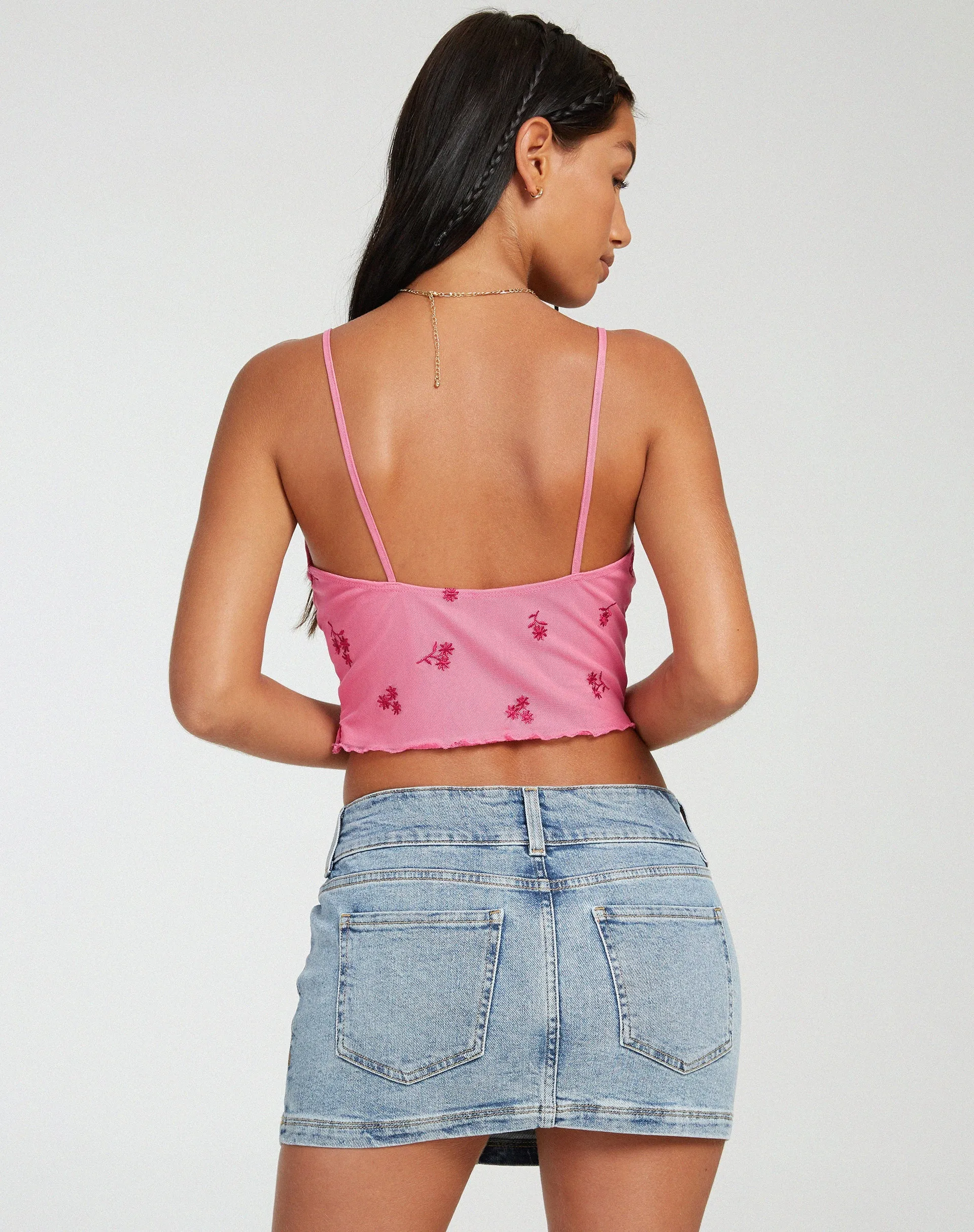 Yecaca Crop Top in Pink Ditsy Daisy Embro